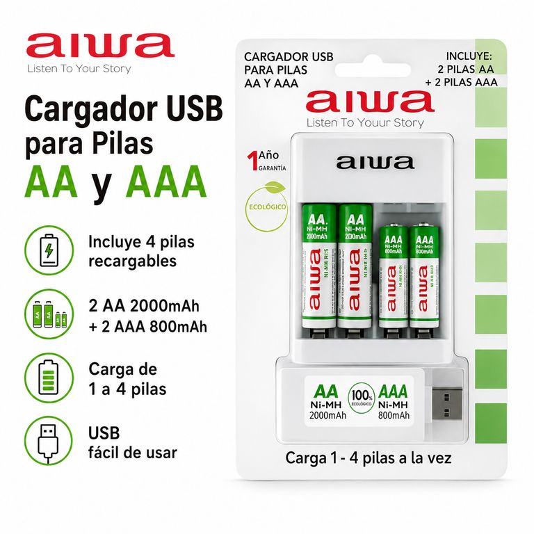 Cargador Pilas Recargables AA AAA Usb + 4 Pilas
