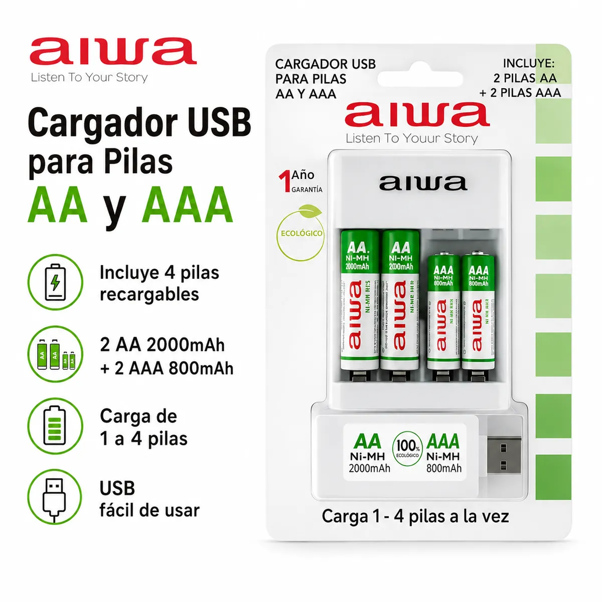 AIWA - Cargador Pilas Recargables AA AAA Usb + 4 Pilas
