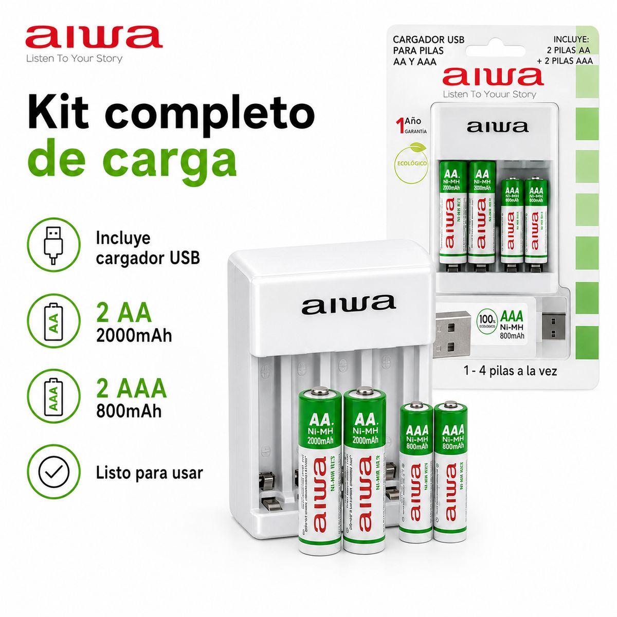 AIWA - Cargador Pilas Recargables AA AAA Usb + 4 Pilas