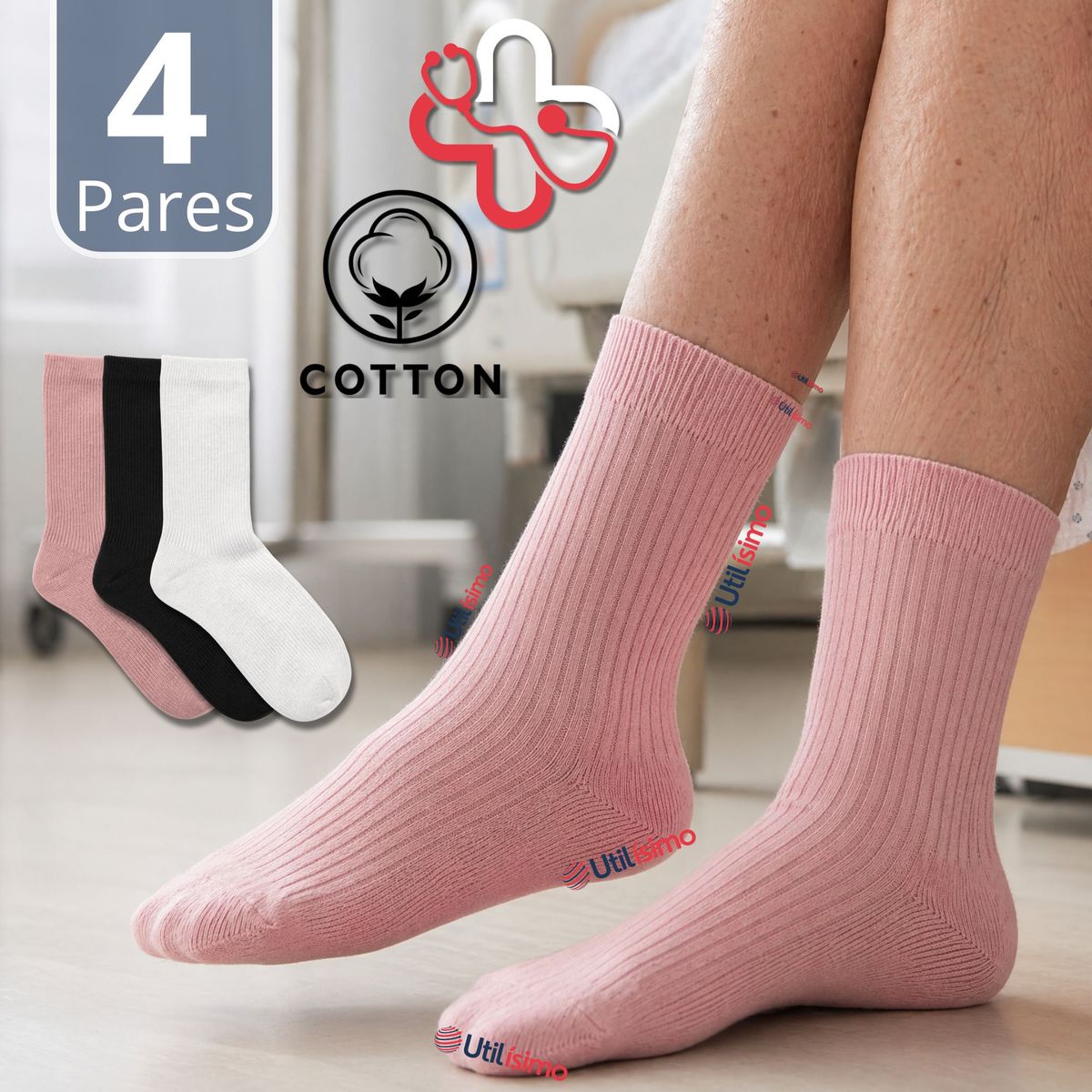 UTILISIMO - Pack 4 Pares Calcetines Diabéticos Mujer Algodón Suave Colores Surtidos Protección
