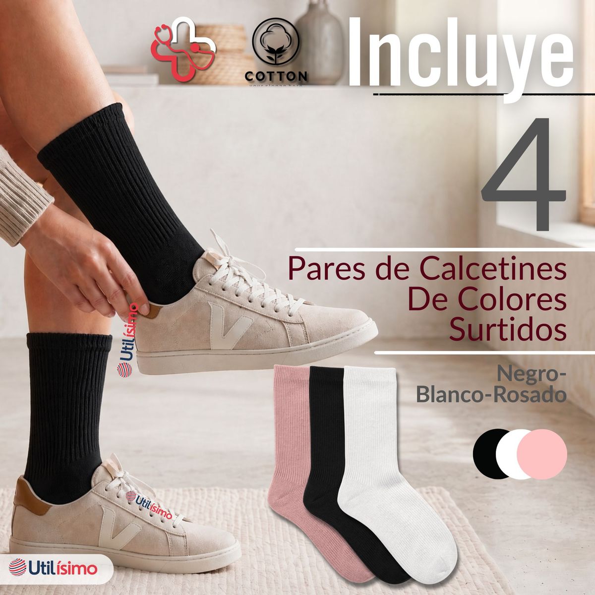 UTILISIMO - Pack 4 Pares Calcetines Diabéticos Mujer Algodón Suave Colores Surtidos Protección