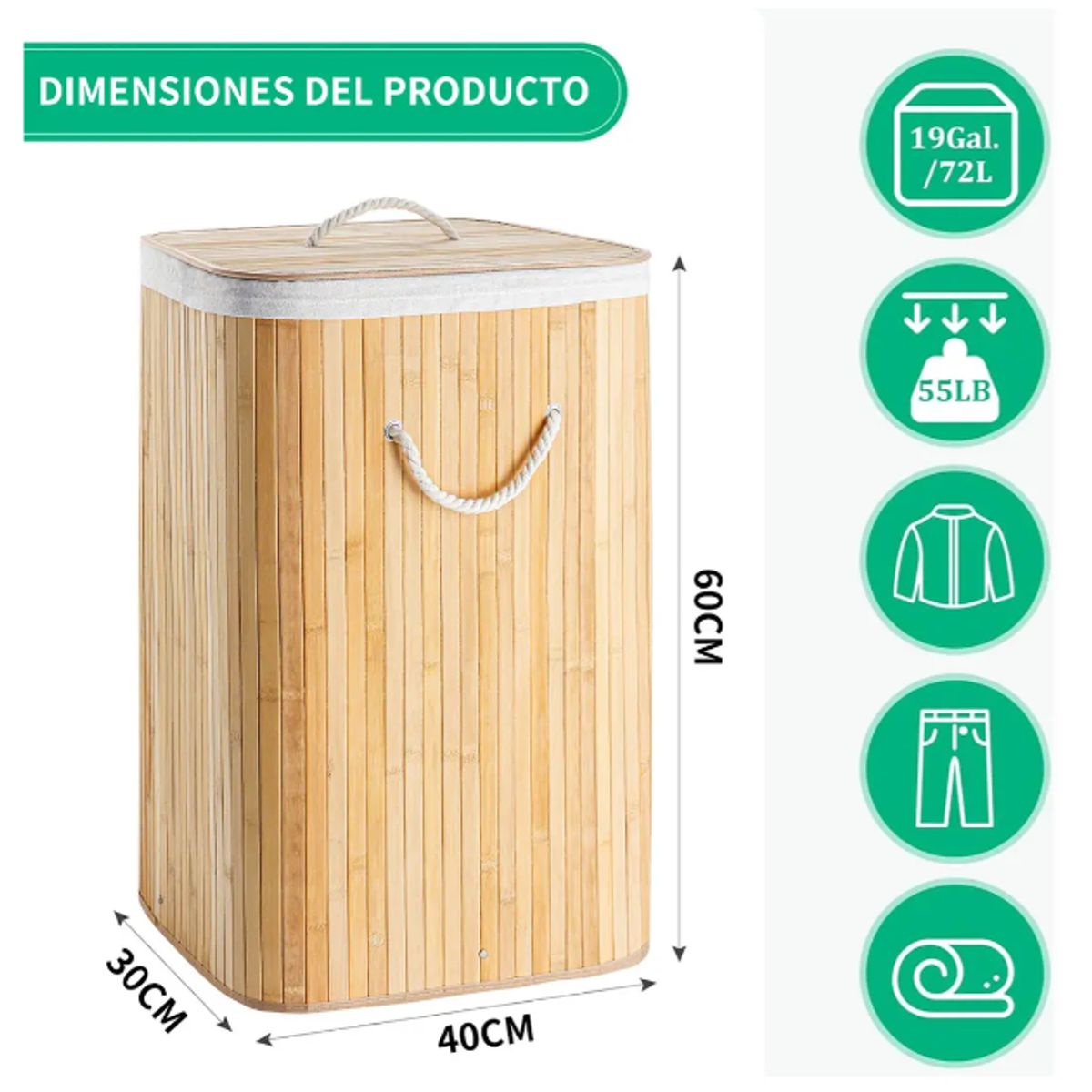 GENERICO - Canasto Cesto Ropa Sucia Pleglable Look Bambu Grande Tapa