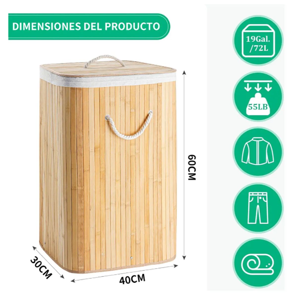 GENERICO - Canasto Cesto Ropa Sucia Pleglable Look Bambu Grande Tapa