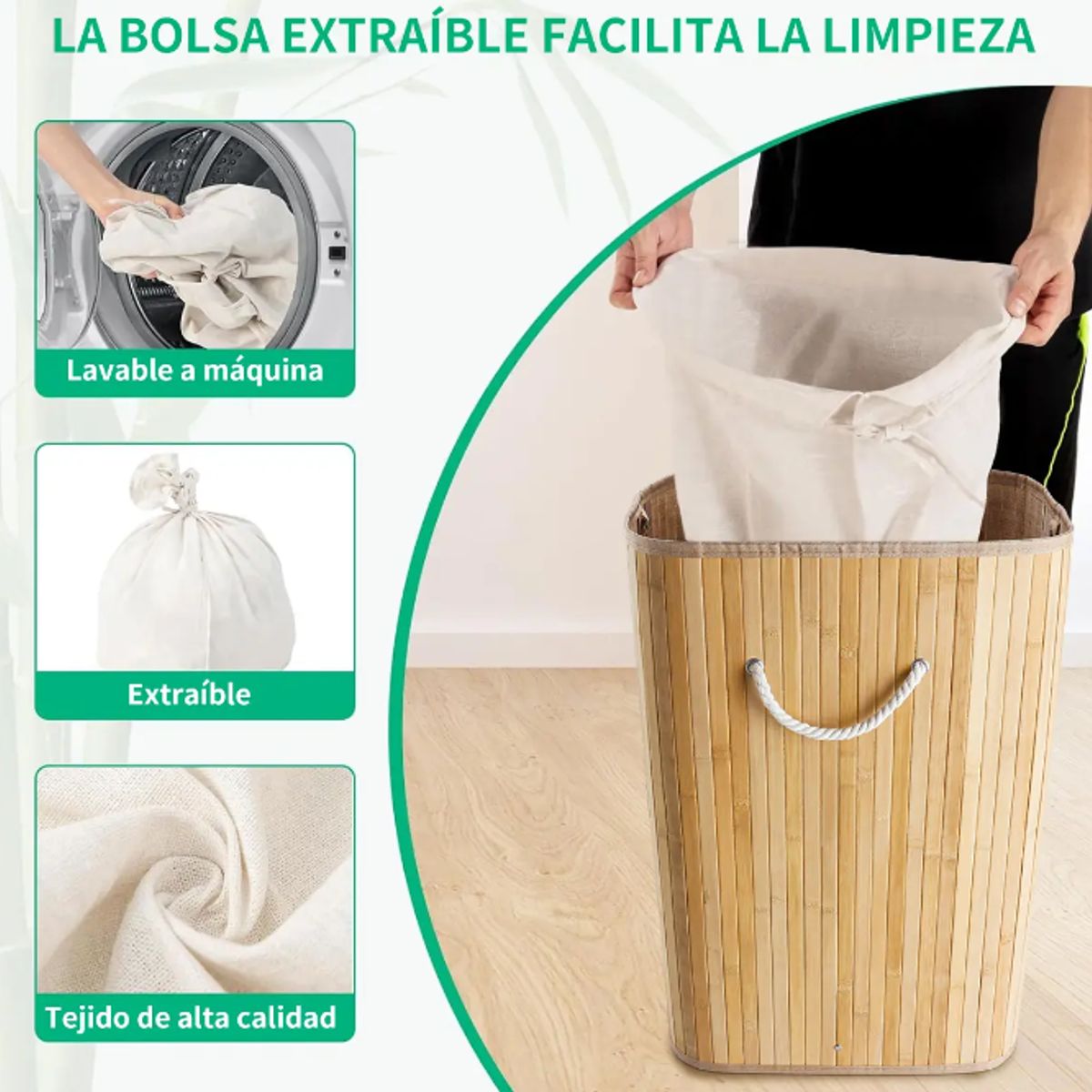 GENERICO - Canasto Cesto Ropa Sucia Pleglable Look Bambu Grande Tapa