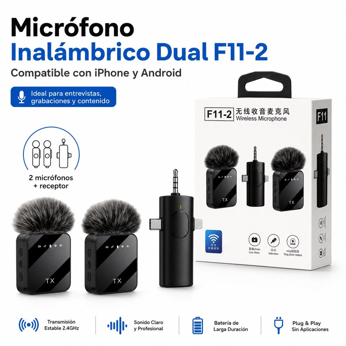 DOPA - Micrófono Inalámbrico Dual F11-2 Para Iphone Y Android