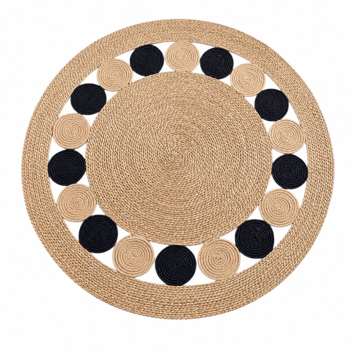 ACTUAL - Alfombra Redonda de Yute 120 cm Beige y Negra Estilo Boho para Living y Dormitorio