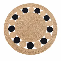 ACTUAL - Alfombra Redonda de Yute 120 cm Beige y Negra Estilo Boho para Living y Dormitorio