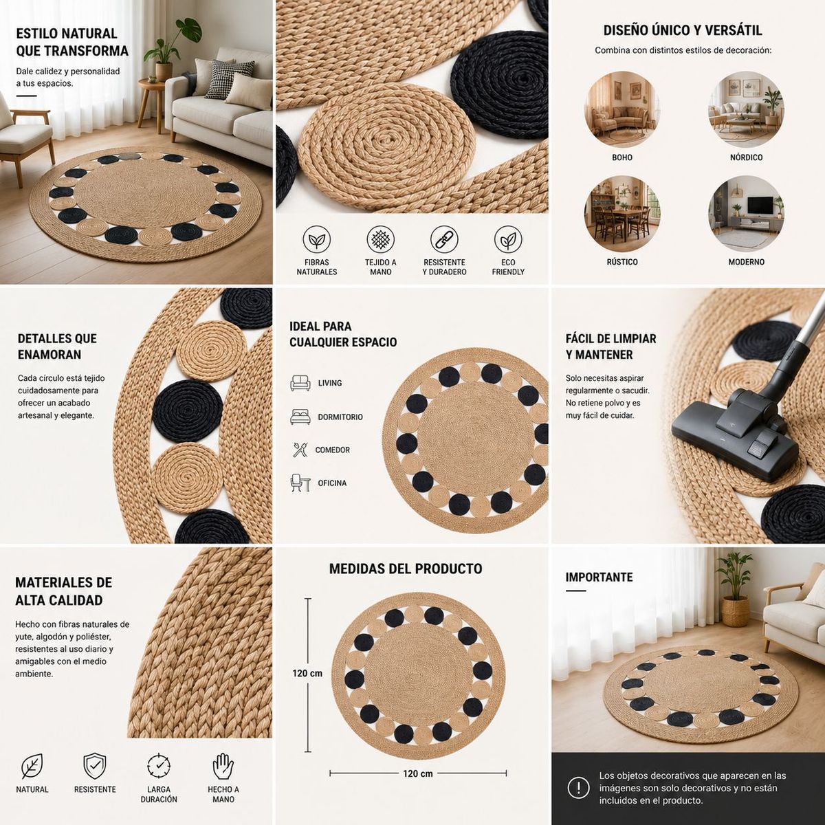 ACTUAL - Alfombra Redonda de Yute 120 cm Beige y Negra Estilo Boho para Living y Dormitorio