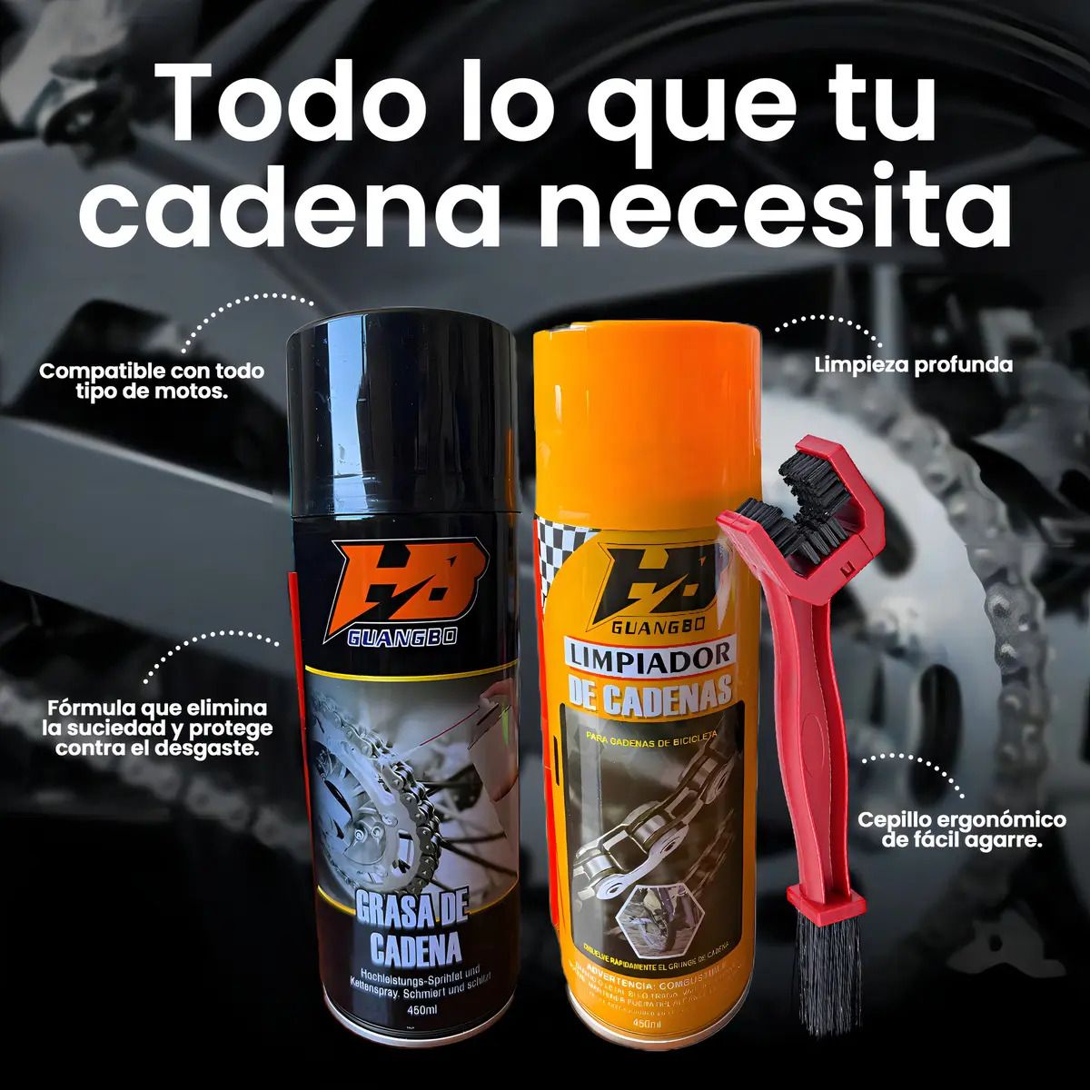 GENERICO - Kit Lubricante Desengrasante Cadena Moto Cepillo Anticorrosivo Limpieza Profunda Cadenas