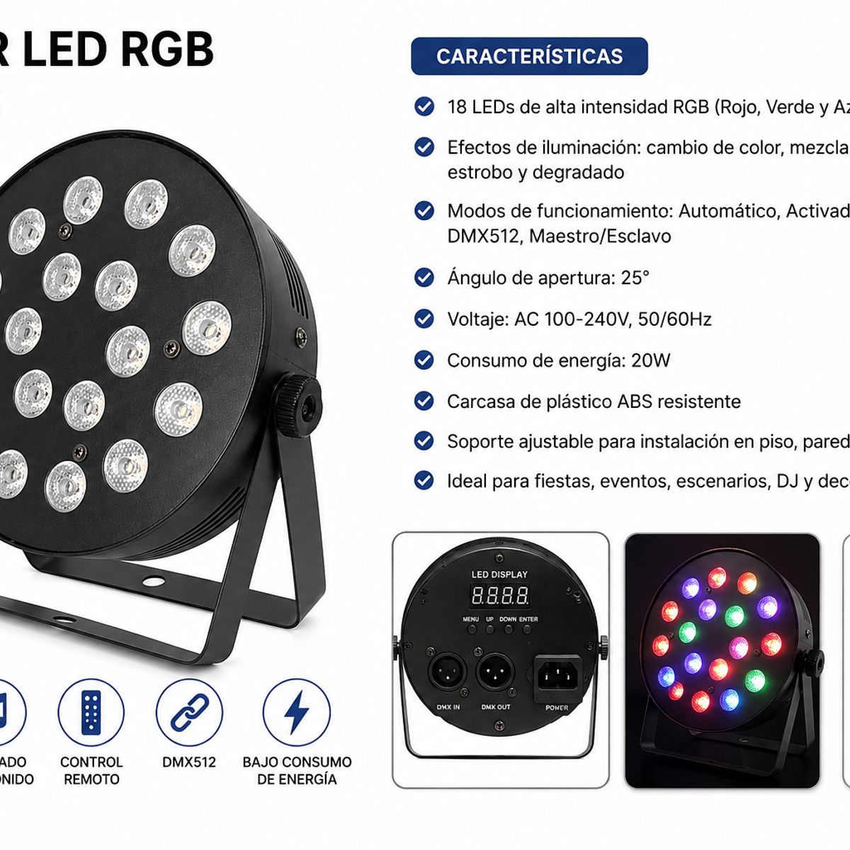 GENERICO - luz PAR LED RGB para Escenario DJ Eventos con Control Remoto