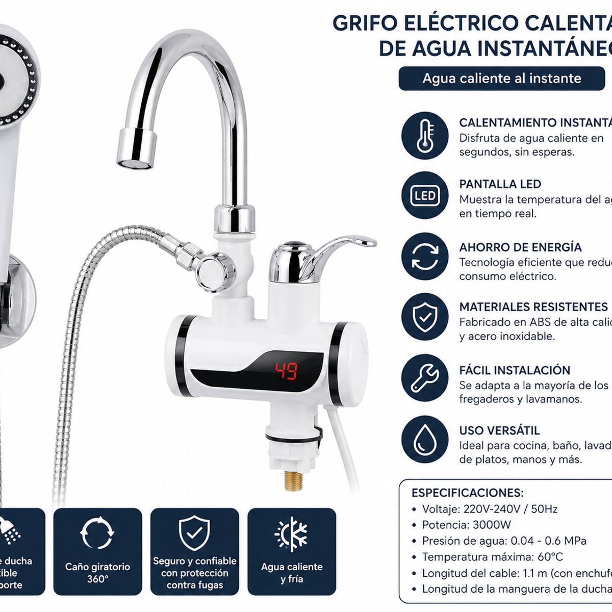 GENERICO - Grifo Eléctrico Calentador de Agua Instantáneo con Ducha y Display LED
