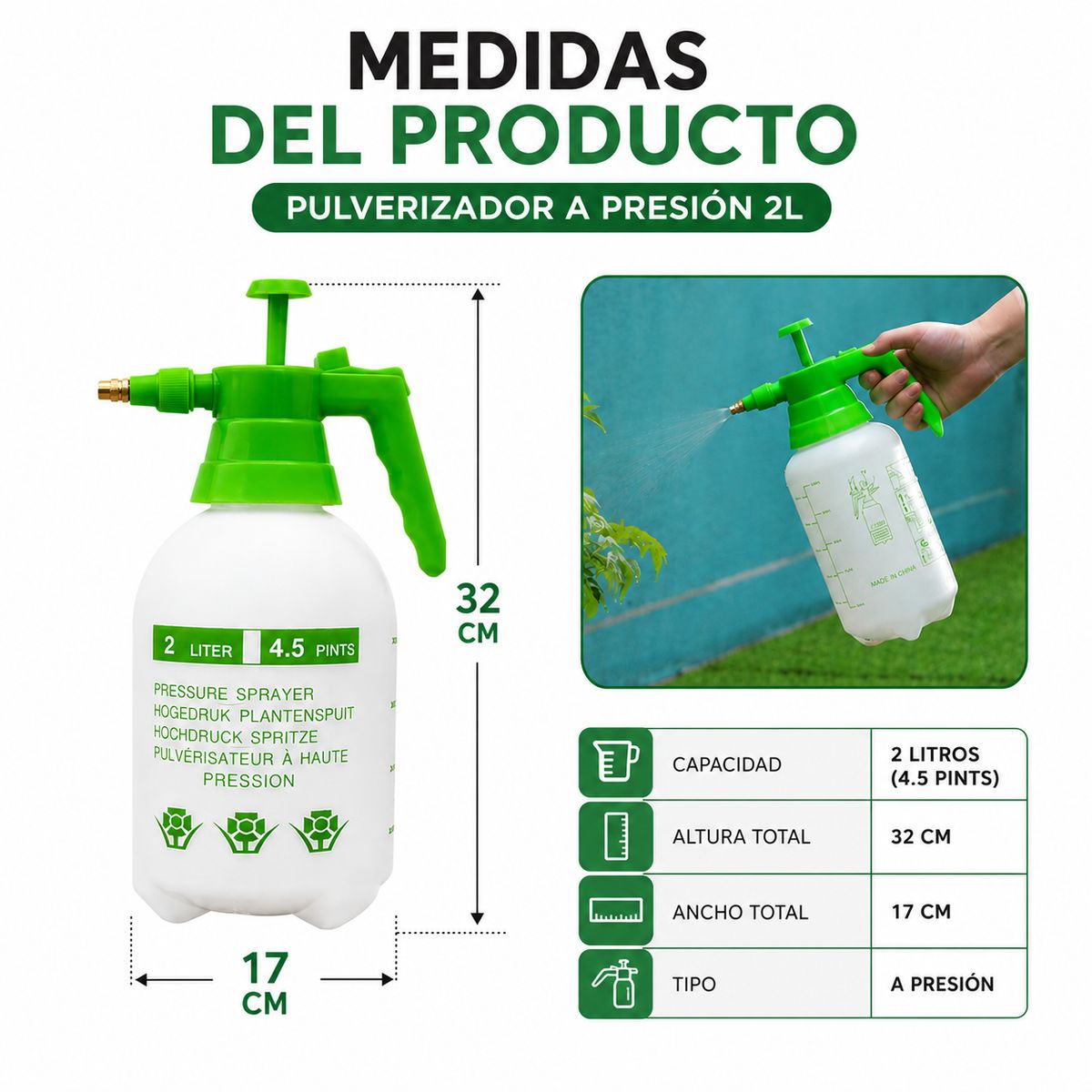 GENERICO - Botella Pulverizadora Manual 2 Litros Jardin Limpieza Hogar