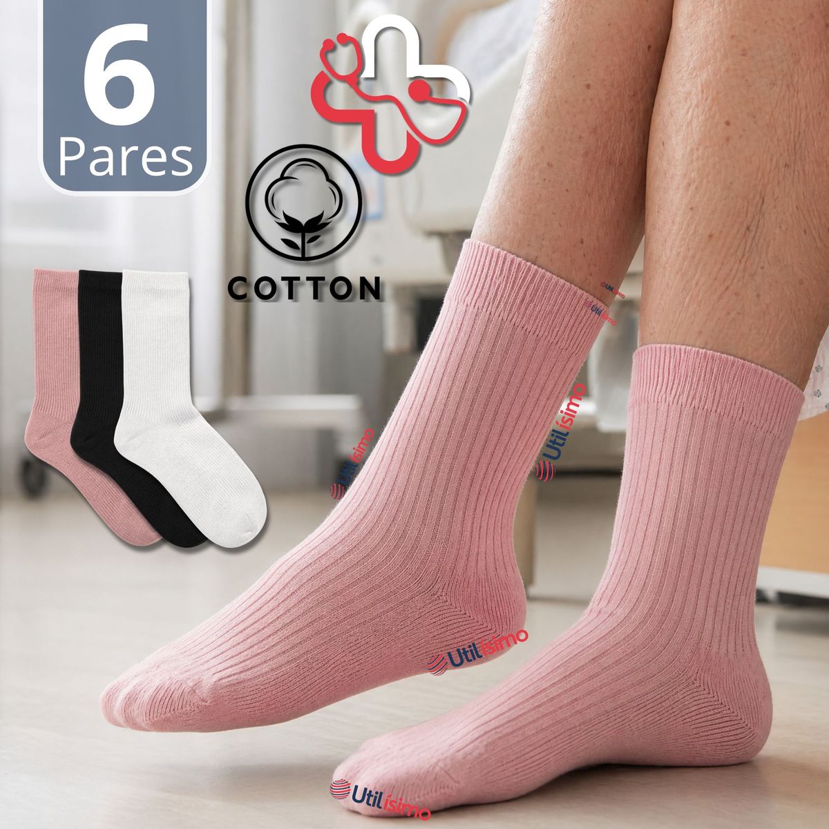 UTILISIMO - Pack 6 Pares Calcetines Diabéticos Mujer Algodón Suave Colores Surtidos Protección