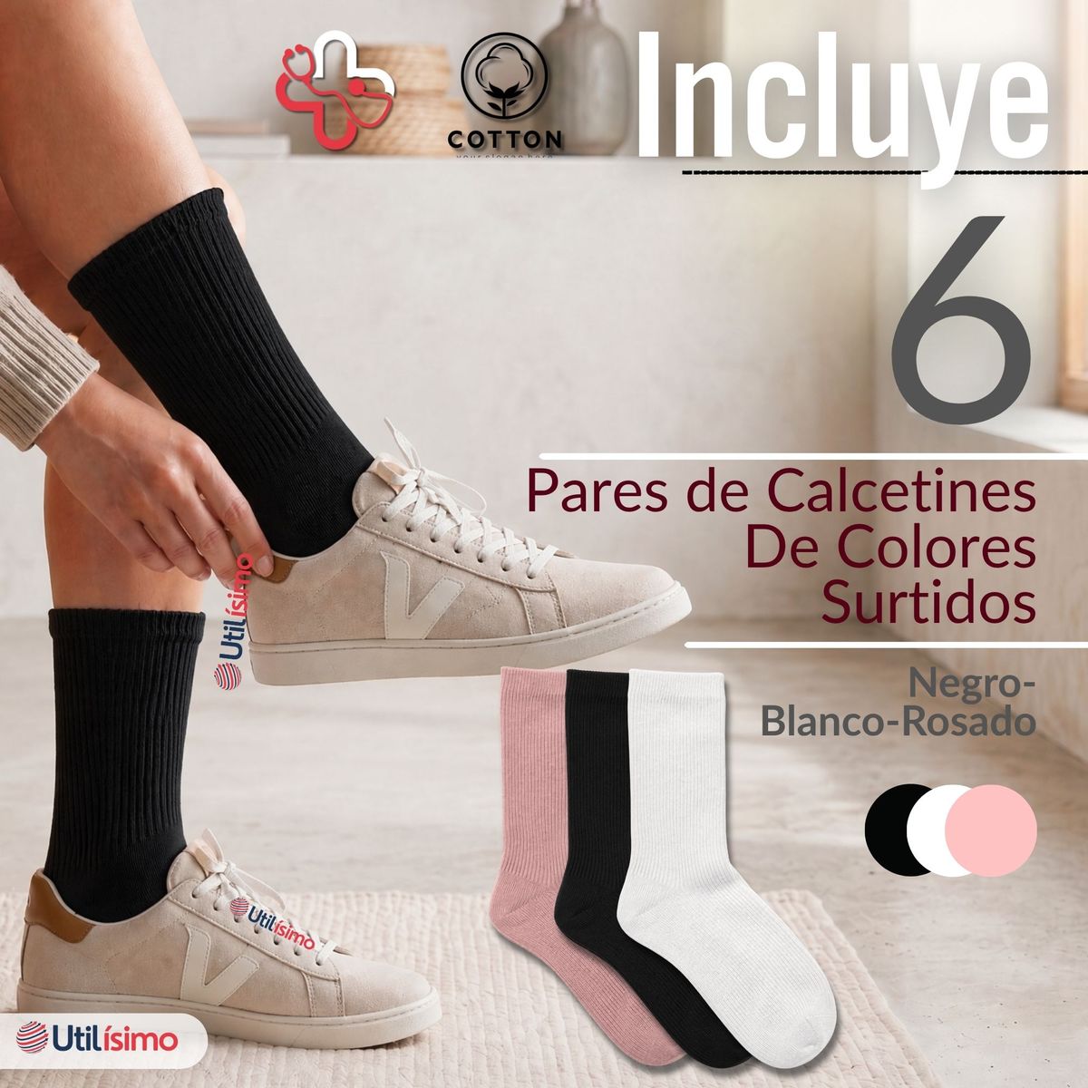 UTILISIMO - Pack 6 Pares Calcetines Diabéticos Mujer Algodón Suave Colores Surtidos Protección