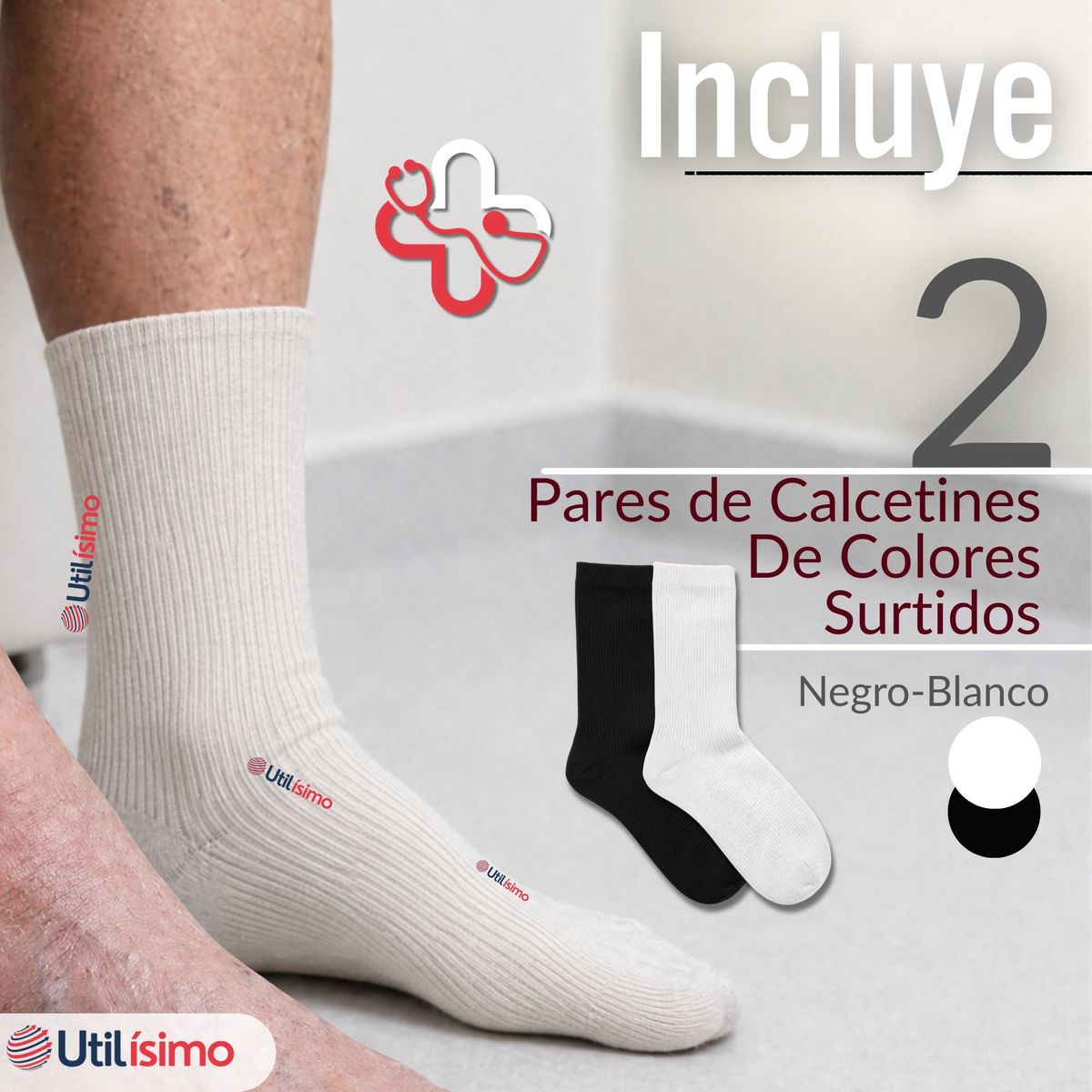 UTILISIMO - Pack 2 Pares Calcetines Diabéticos Hombre Algodón Suave Colores Surtidos Protección