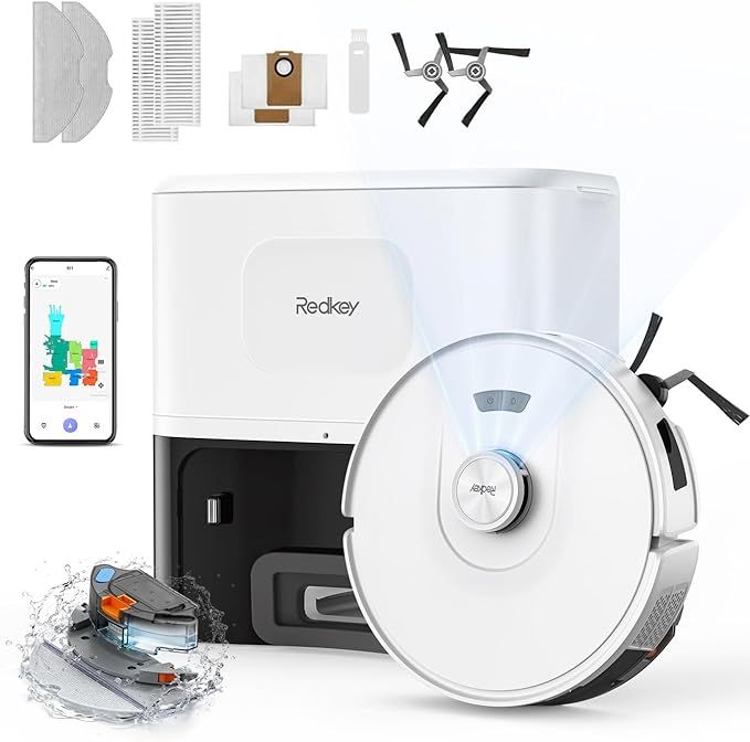 JONR Redkey D8 Robot Aspirador y Fregasuelos, 200mins 20000Pa Aspirador Robot con Base