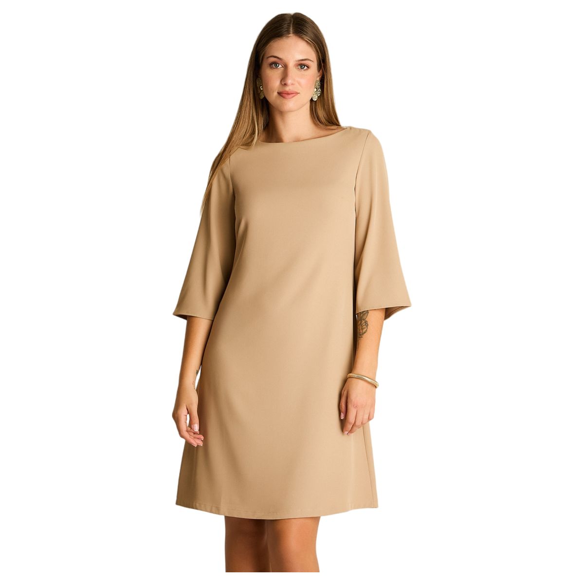 LORENZO DI PONTTI - Vestido Midi Camel Manga 3/4 Clásico