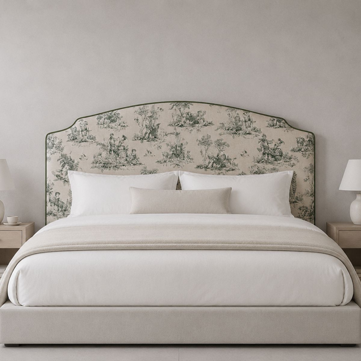 PAUZA - Respaldo Tapizado modelo Cóndor Toile de Jouy verde Super king
