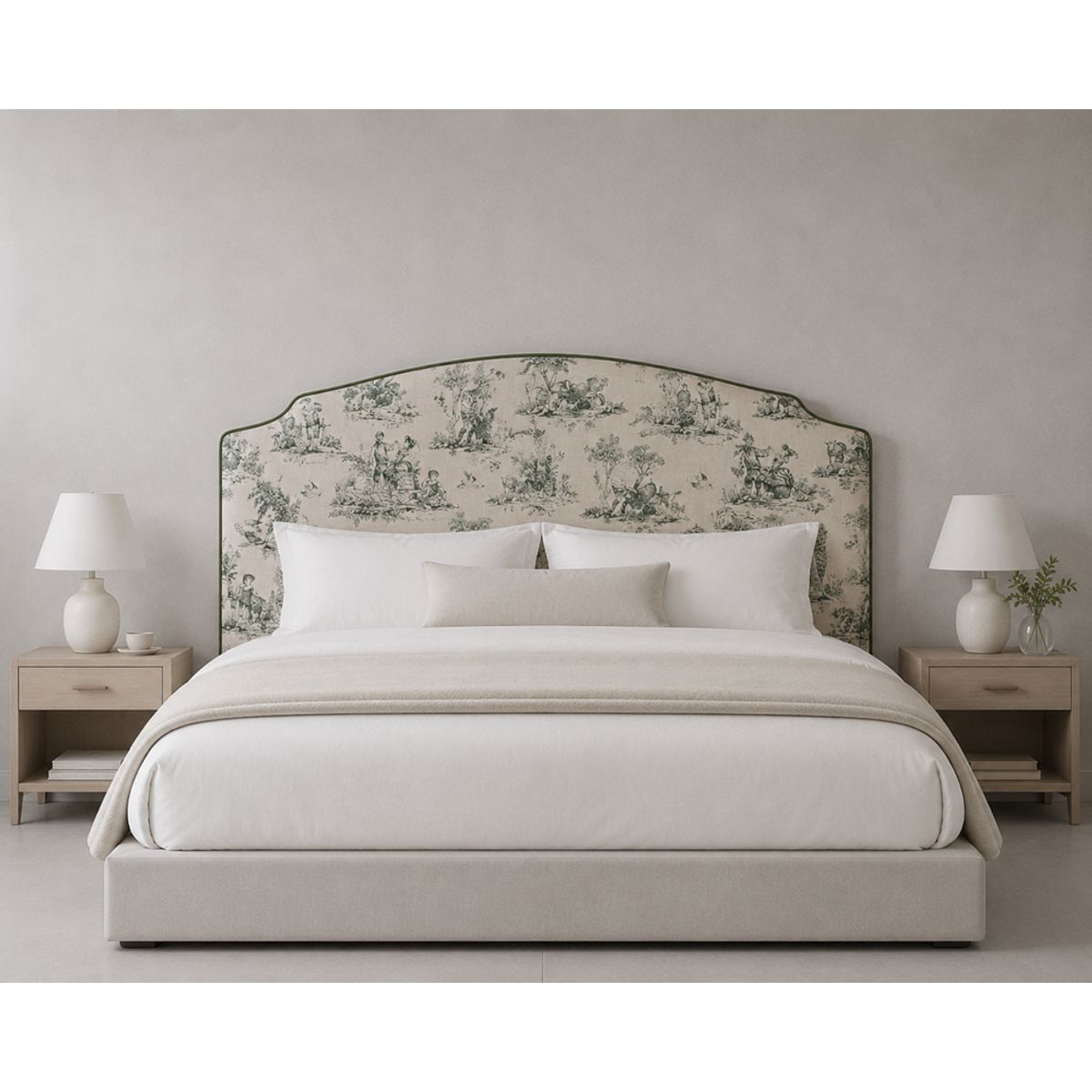 PAUZA - Respaldo Tapizado modelo Cóndor Toile de Jouy verde Super king