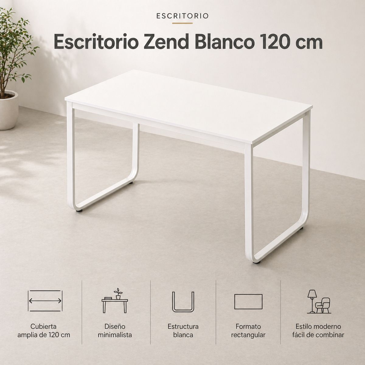SPACE HOME - Escritorio Blanco 120 cm Zend para Home Office, Oficina o Estudio con Diseño Minimalista