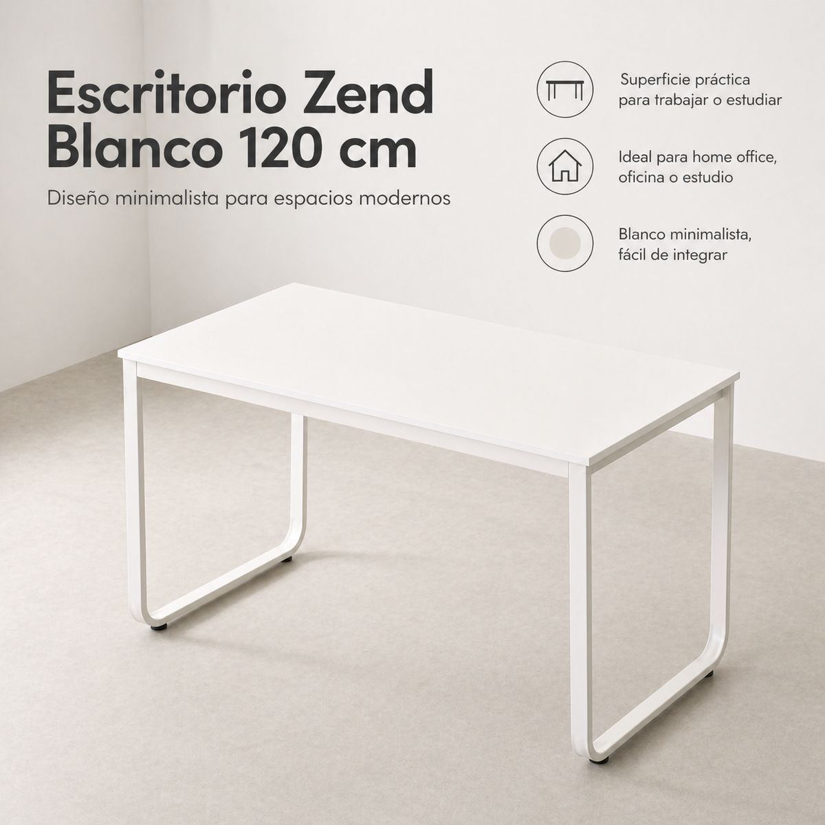 SPACE HOME - Escritorio Zend Blanco 120 cm Moderno y Funcional para Trabajar o Estudiar en Casa