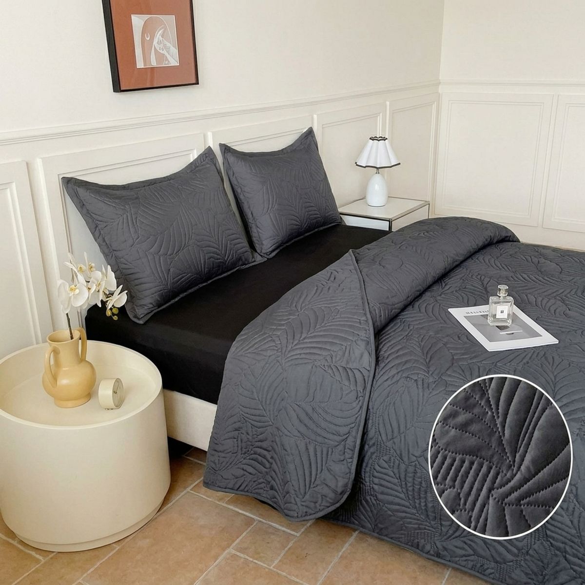 GENERICO - Cubrecama de Verano Liviano Quilt 2 Plazas con Diseño Negro
