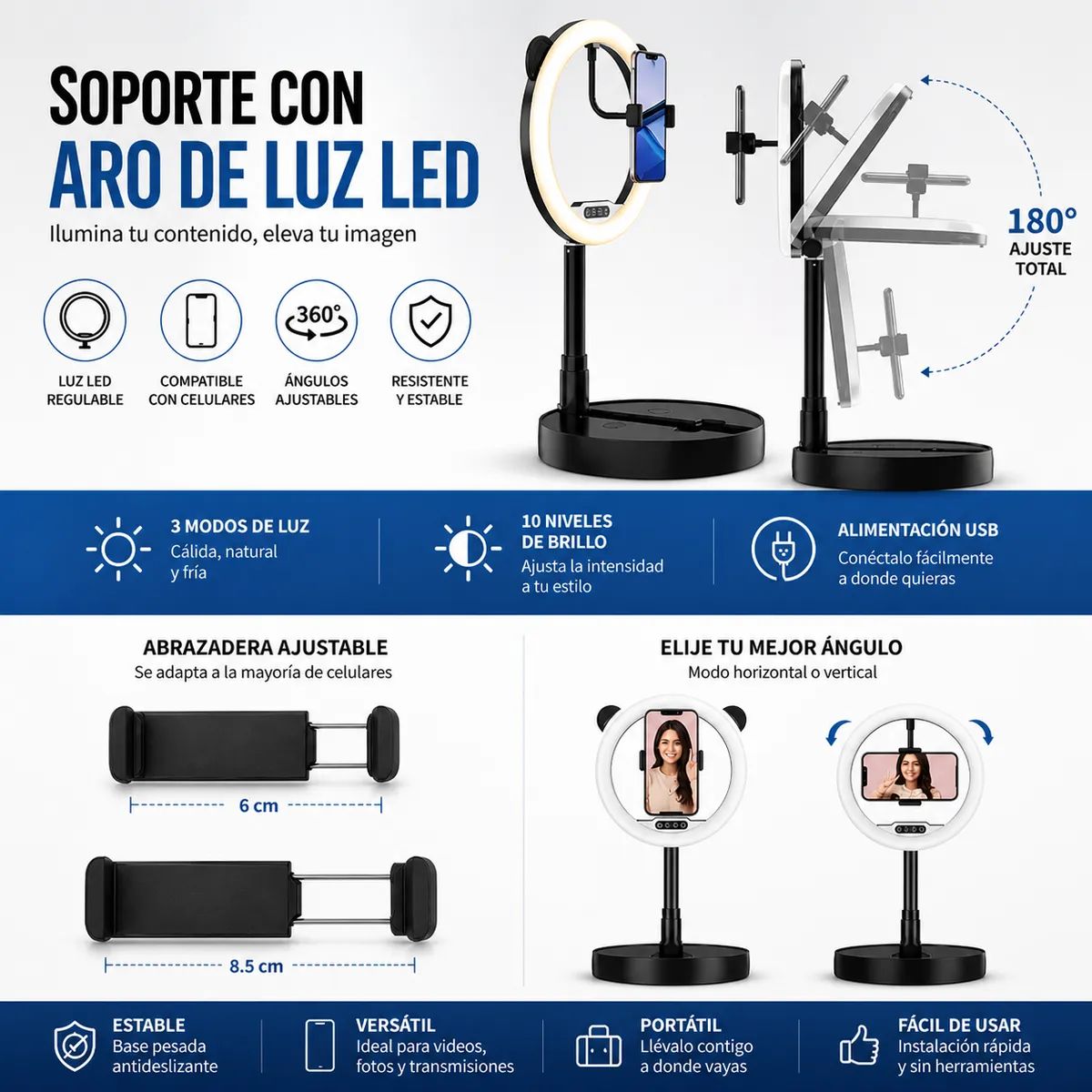 Aro de Luz Portátil G2 con base redonda perfecto para creadores de contenido, marca MOVI - Foto Principal