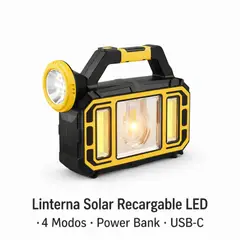 MOVI - Linterna Solar Recargable LED 4 Modos + Power Bank USB-C – Emergencia y Camping