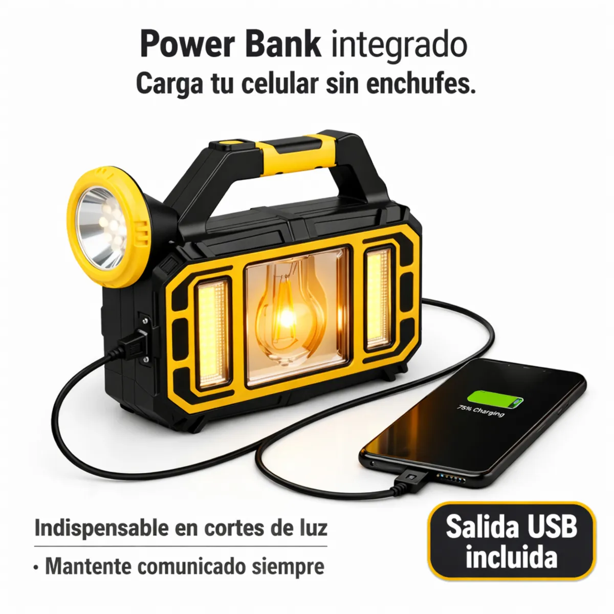 MOVI - Linterna Solar Recargable LED 4 Modos + Power Bank USB-C – Emergencia y Camping