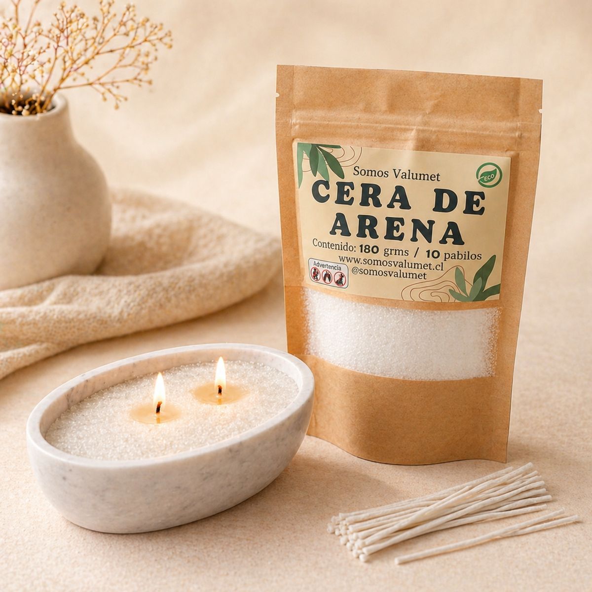 GENERICO - Dúo Pack Canoa - Recipiente Decorativo + Cera de Arena 180g + 10 Pabilos - Carrara