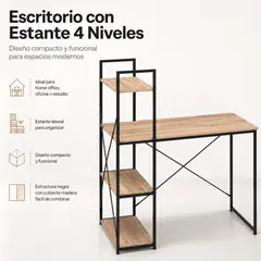 SPACE HOME - Escritorio con Estante 4 Niveles para Home Office, Estudio u Oficina, Diseño Industrial Madera y Negro