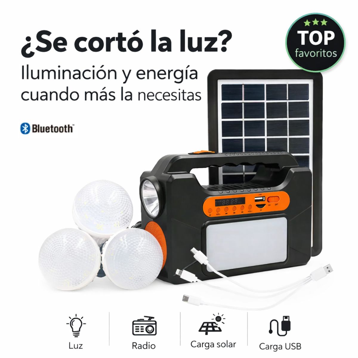 MOVI - Kit Solar de Emergencia Portátil, Luces LED, Radio, Bluetooth y Power Bank - Cortes de Luz y Camping