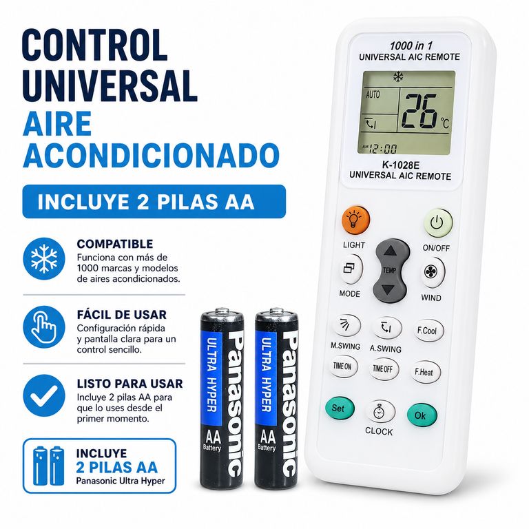 GENERICO Control Remoto Para Aire Acondicionado Universal K-1028e + 2 PILAS PANASONIC