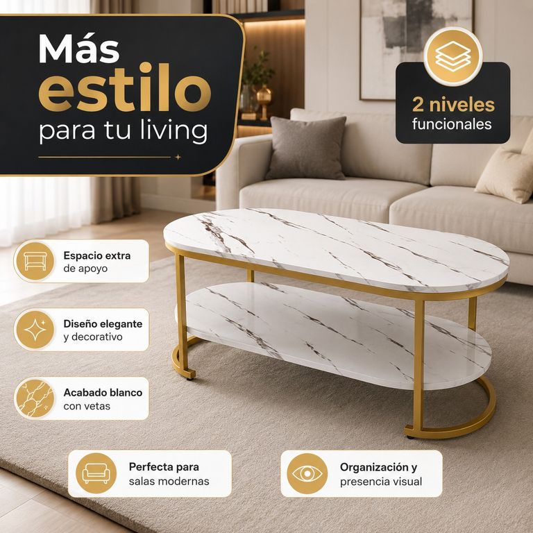 Mesa de Centro Blanca Estilo Marmol con 2 Niveles y Base Dorada Decorativa