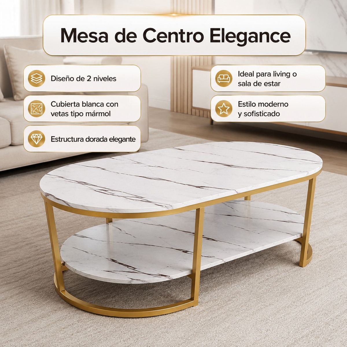 SPACE HOME - Mesa de Centro Blanca Estilo Mármol con 2 Niveles y Base Dorada Decorativa