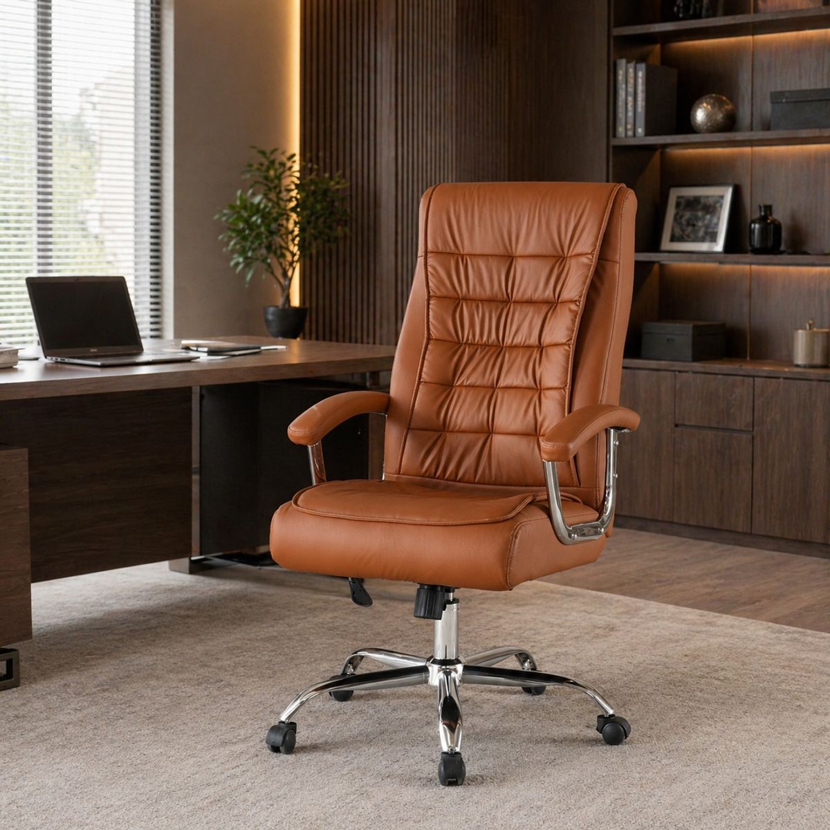 SPACE HOME - Silla Ejecutiva Magnus Café con Respaldo Alto Acolchado, Ruedas y Base Cromada para Oficina