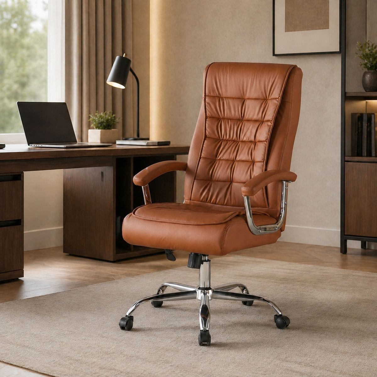SPACE HOME - Silla Ejecutiva Magnus Café con Respaldo Alto Acolchado, Ruedas y Base Cromada para Oficina