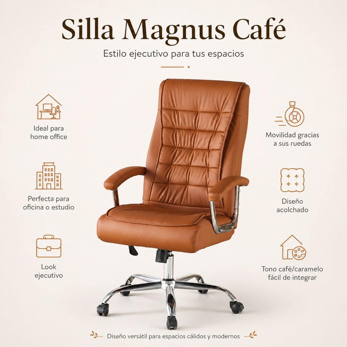 SPACE HOME - Silla Ejecutiva para Home Office Magnus Café, Acolchada, Cómoda y con Ruedas