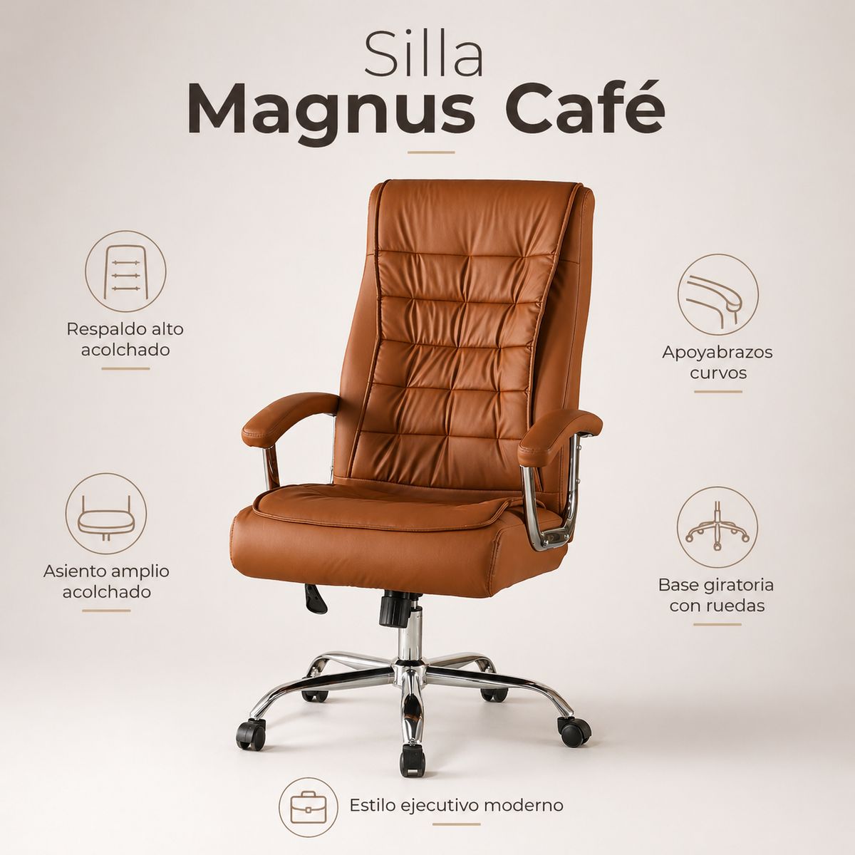 SPACE HOME - Silla Ejecutiva para Home Office Magnus Café, Acolchada, Cómoda y con Ruedas