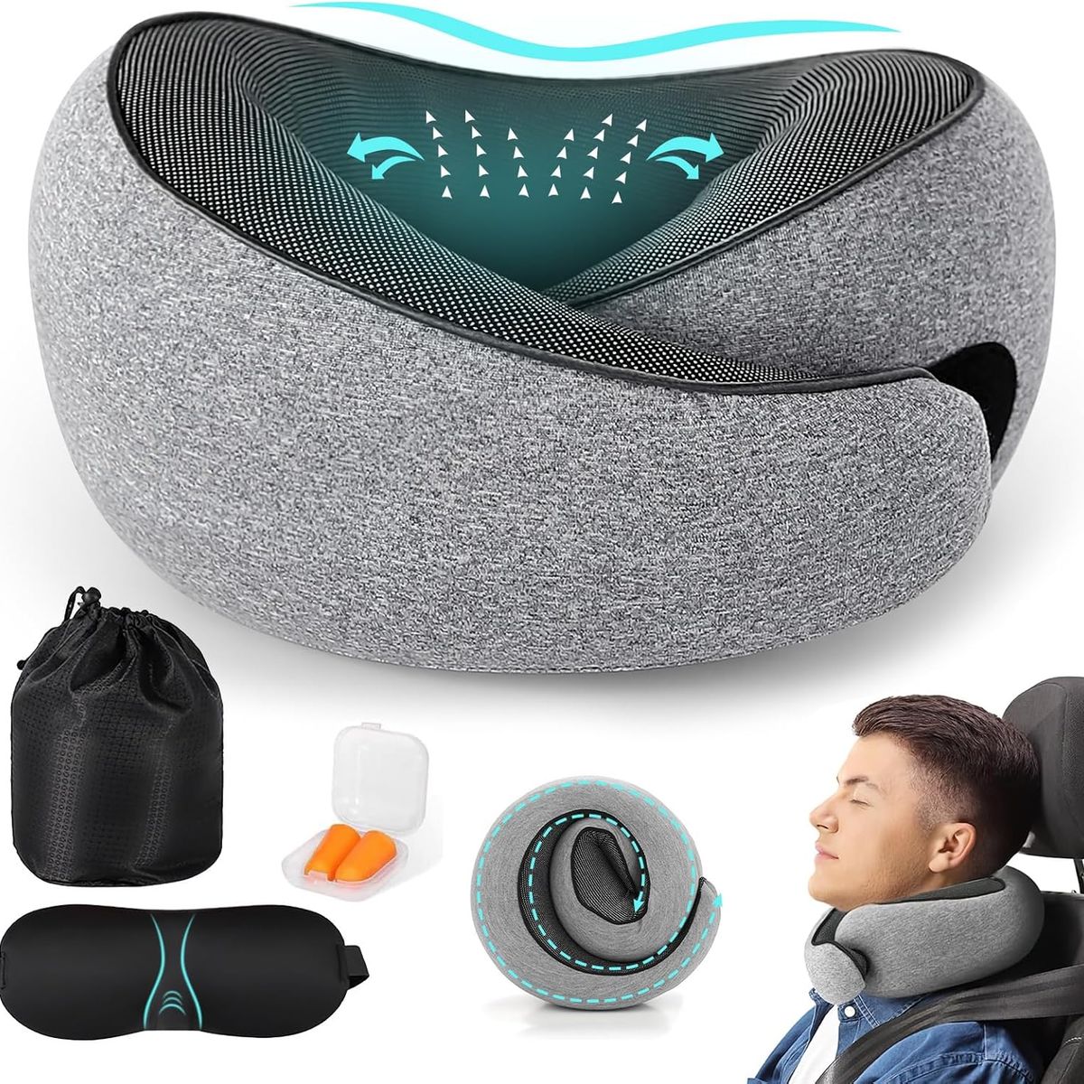 KUANGYE - Cojín De Viaje Para Cuello Almohada Extra Comfort Viscoelast Color Gris