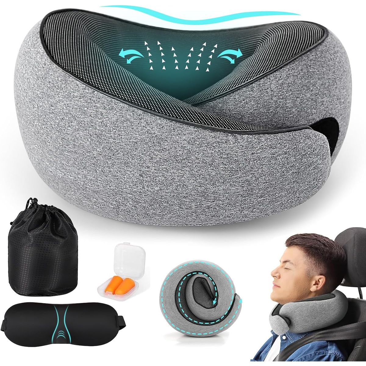 KUANGYE - Cojín De Viaje Para Cuello Almohada Extra Comfort Viscoelast Color Gris