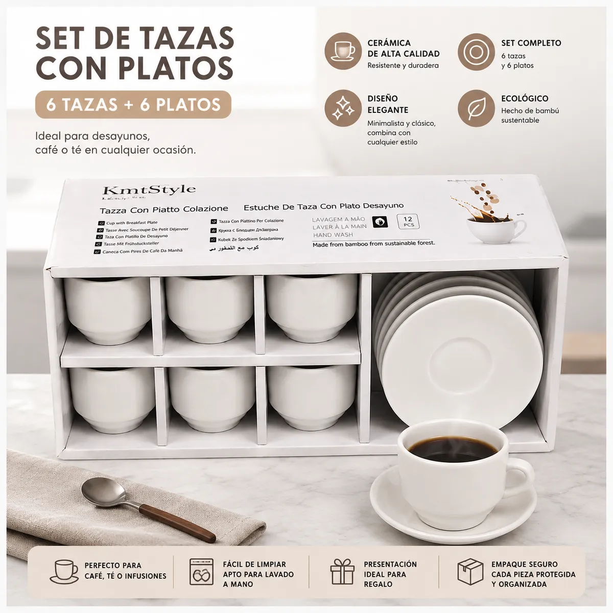 GENERICO - Set Tazas Ceramica Con Plato Desayuno Minimalista Elegante