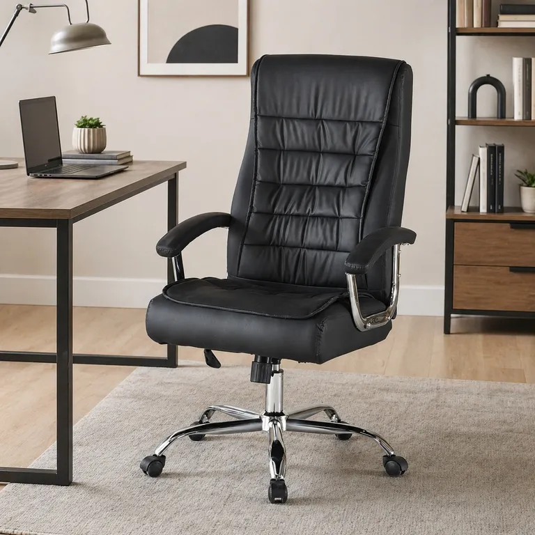 Silla Ejecutiva Magnus Negra con Respaldo Alto Acolchado, Ruedas y Base Cromada para Oficina Negro