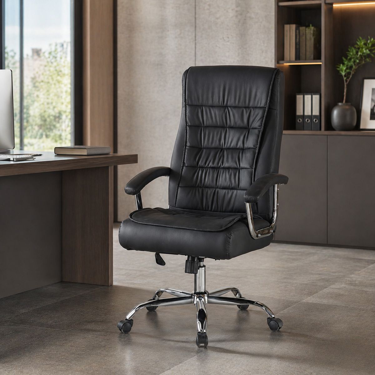 SPACE HOME - Silla Ejecutiva Magnus Negra con Respaldo Alto Acolchado, Ruedas y Base Cromada para Oficina