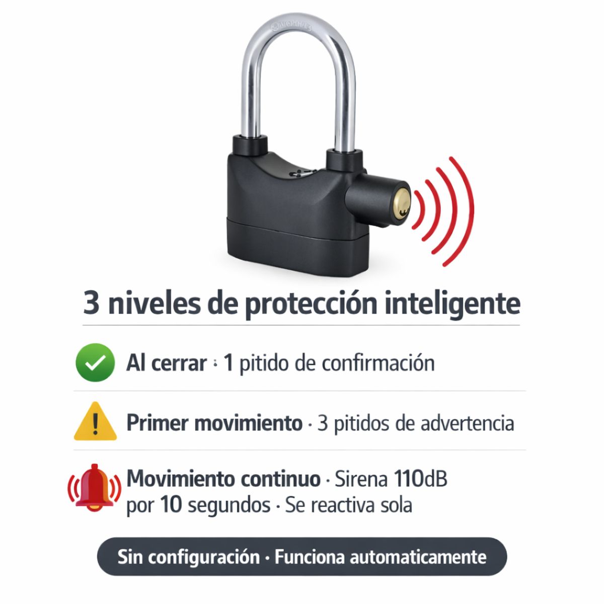 MOVI - Candado con Alarma 110dB  Acero  Moto, Bici, Portón y Bodega