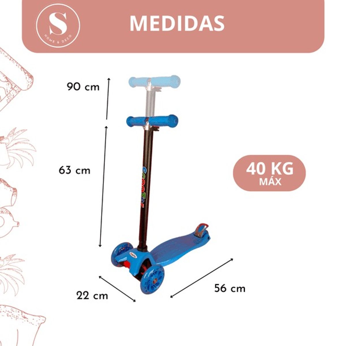 NO LOGO - Scooter Monopatín Infantil Luces Celeste