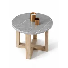 GENERICO - Mesa Lateral Mesa Auxiliar Redonda Cubierta Piedra Sintetizada Gris y Base Rauli
