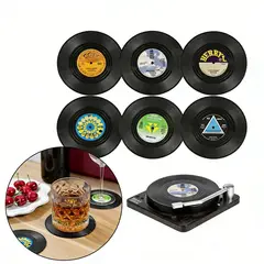 MOONCORE - Pack 6 Posavasos Vintage Vinilo Con Base Tocadiscos - Negro