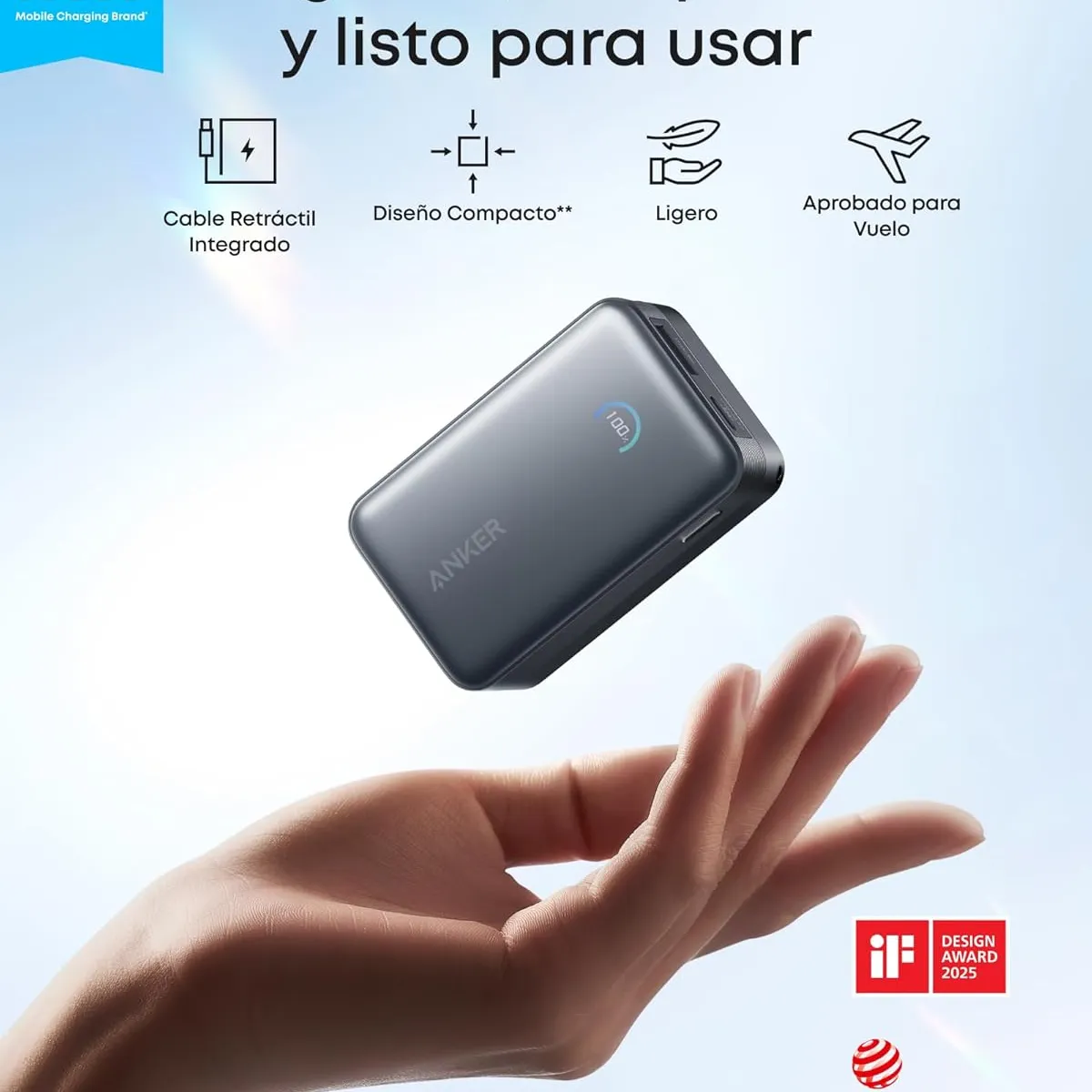 SOUNDCORE BY ANKER - Cargador Portátil Power Bank 10000mAh 45W Cable Retráctil 70cm Anker Nano