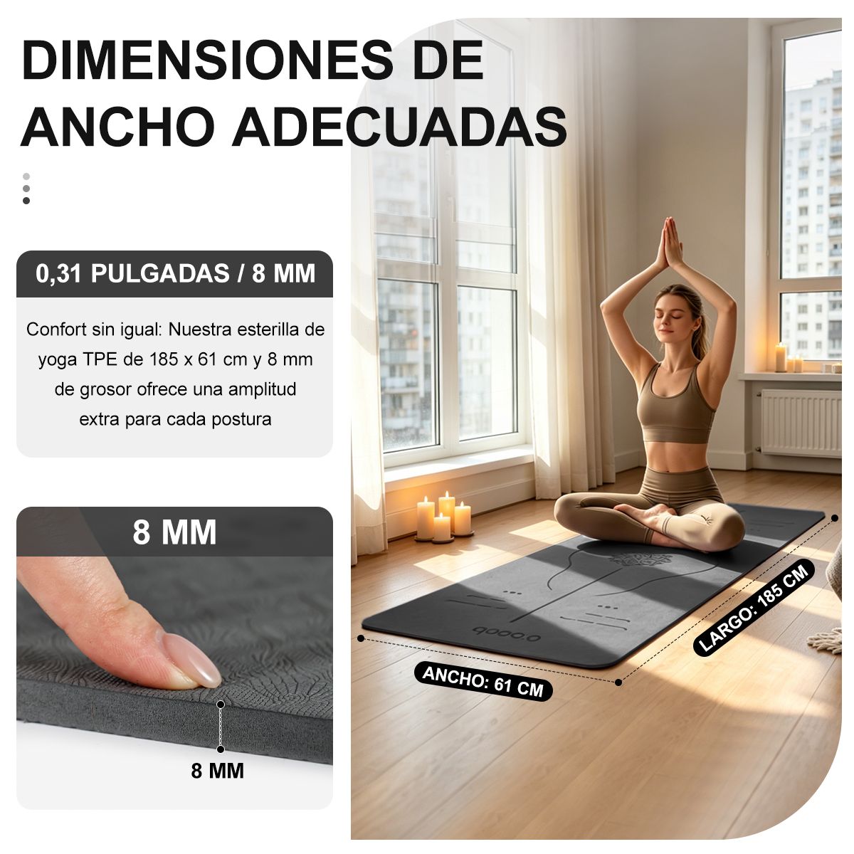 SUPERCENTER - Mat Yoga Tpe 8mm Antideslizante Colchoneta  con líneas de postura Ejercicio Pilates 185x61cm Gris